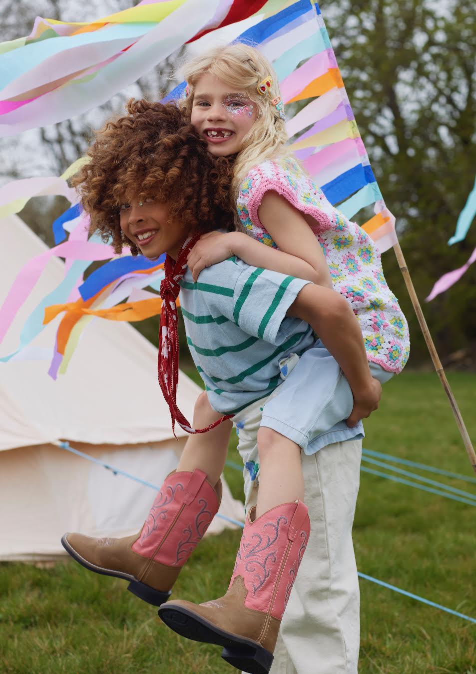 The Prairie Rose Boot – Pink & Tan with Blue Embroidery