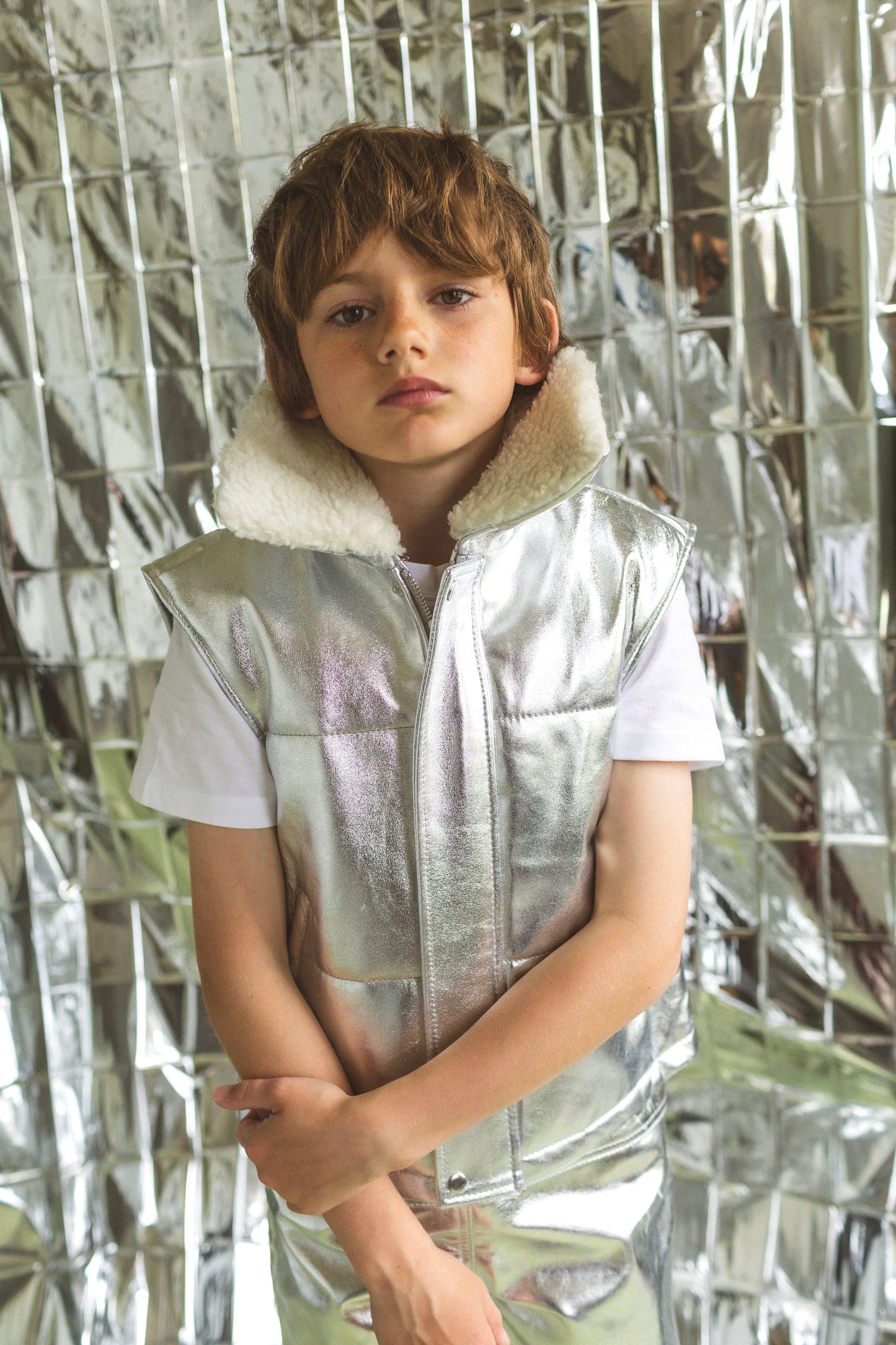 Moonlight Silver Leather Padded Zip Front Gilet