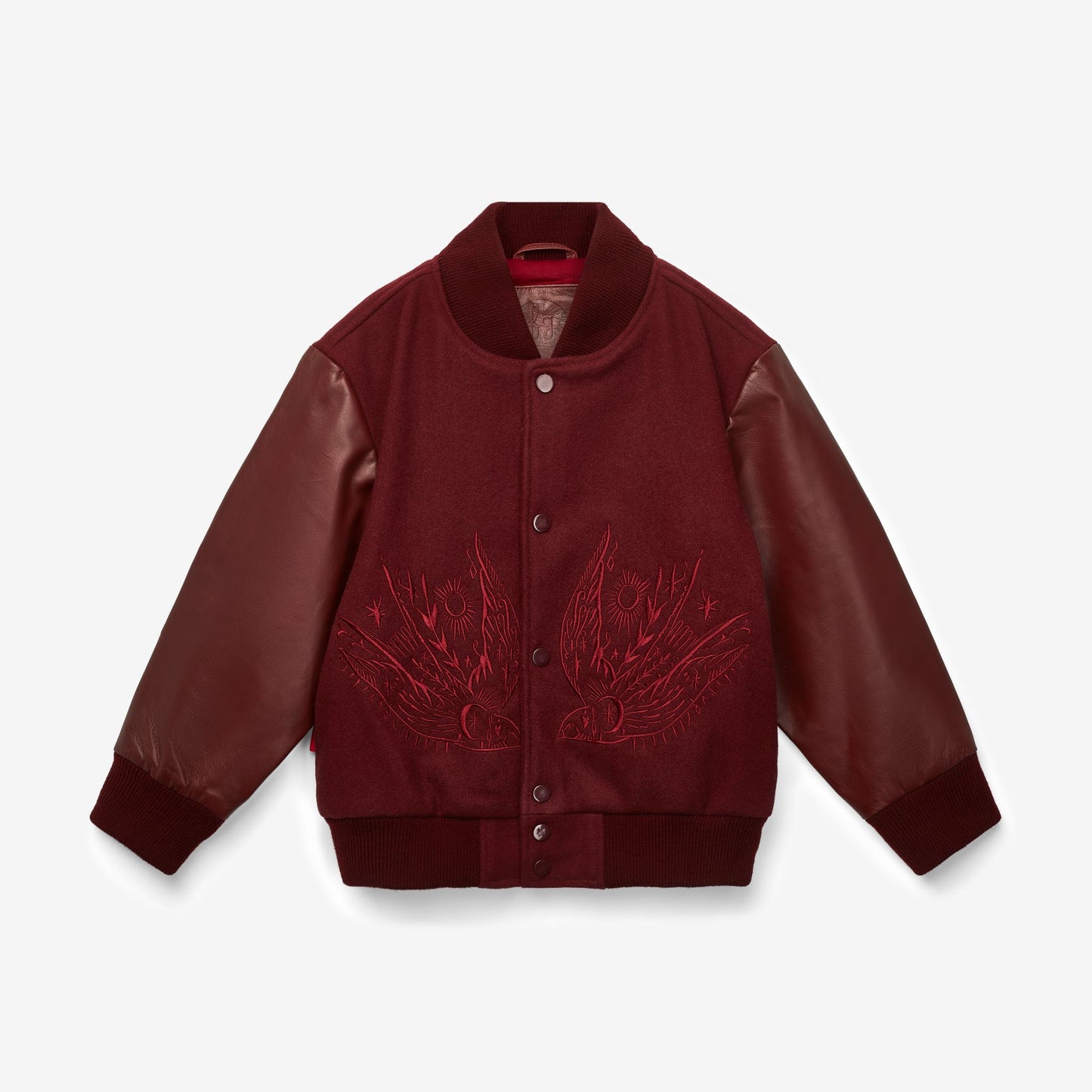 Wild and Free Snap Front Wool and Leather Jacket Maroon
