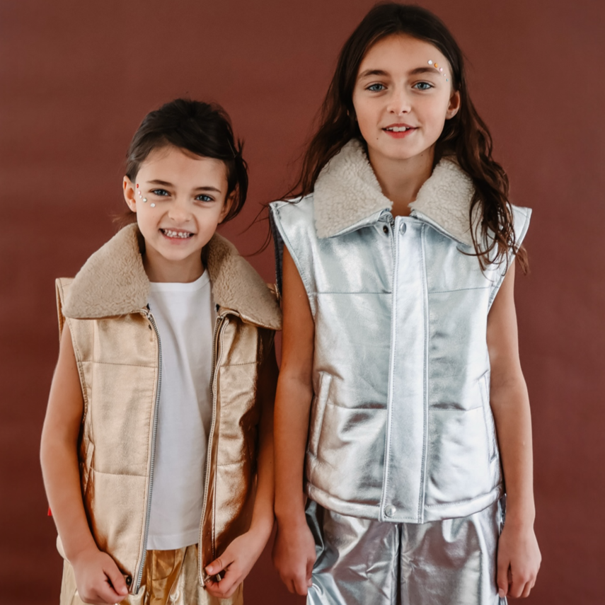 Moonlight Silver Leather Padded Zip Front Gilet