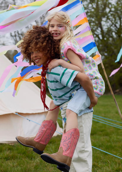 The Prairie Rose Boot – Pink & Tan with Blue Embroidery