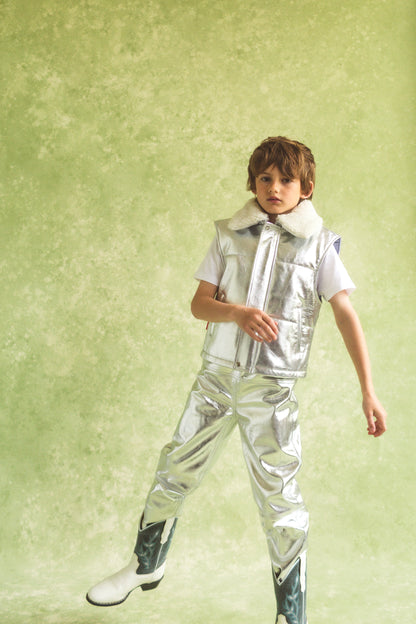 Moonlight Silver Leather Padded Zip Front Gilet