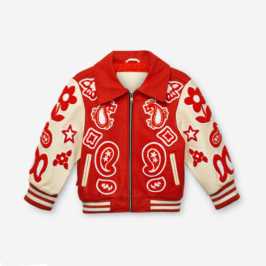 Wool and Leather Orange Bandana Zip Front Jacket