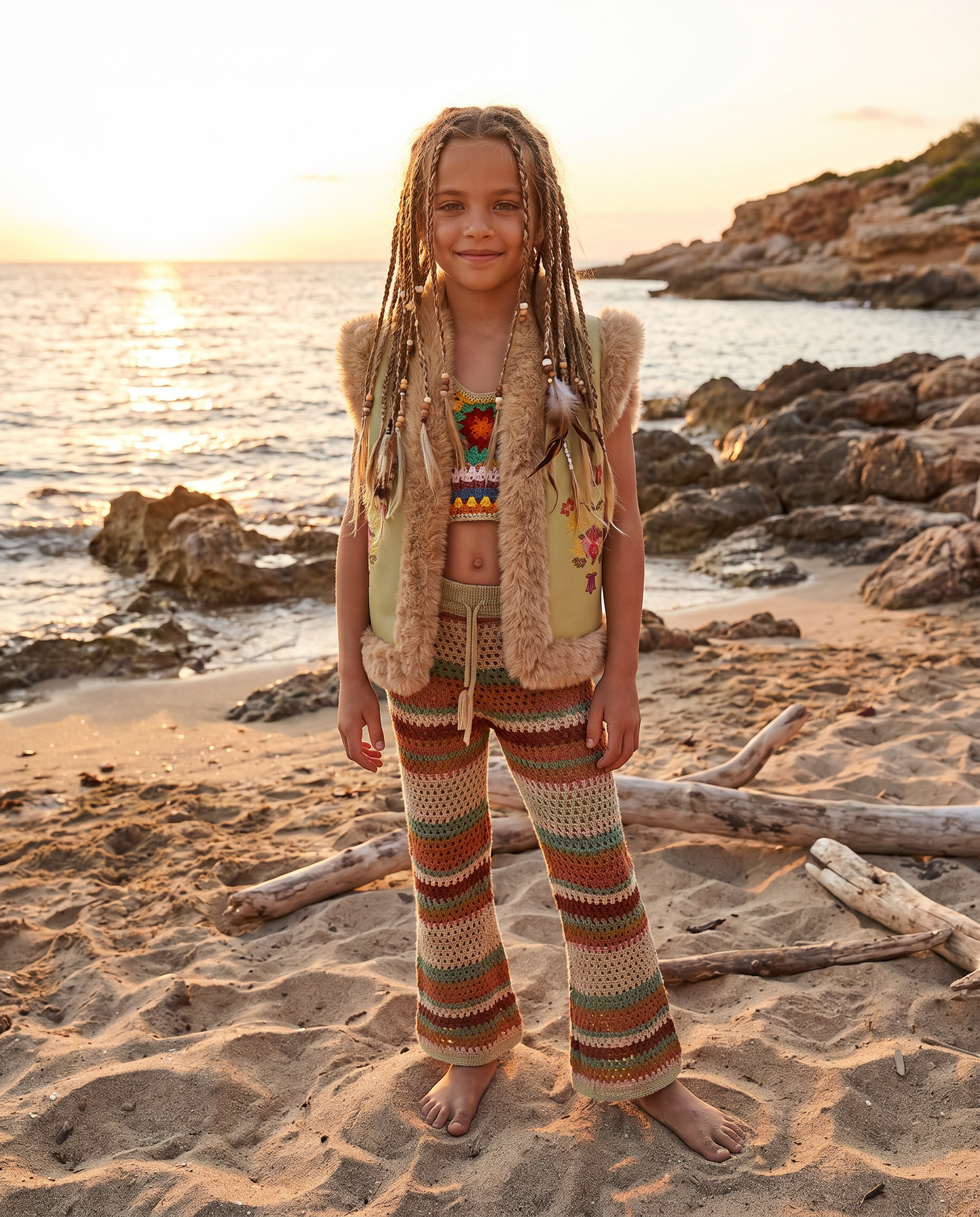 Boho Fur Nappa Leather Vest Sage