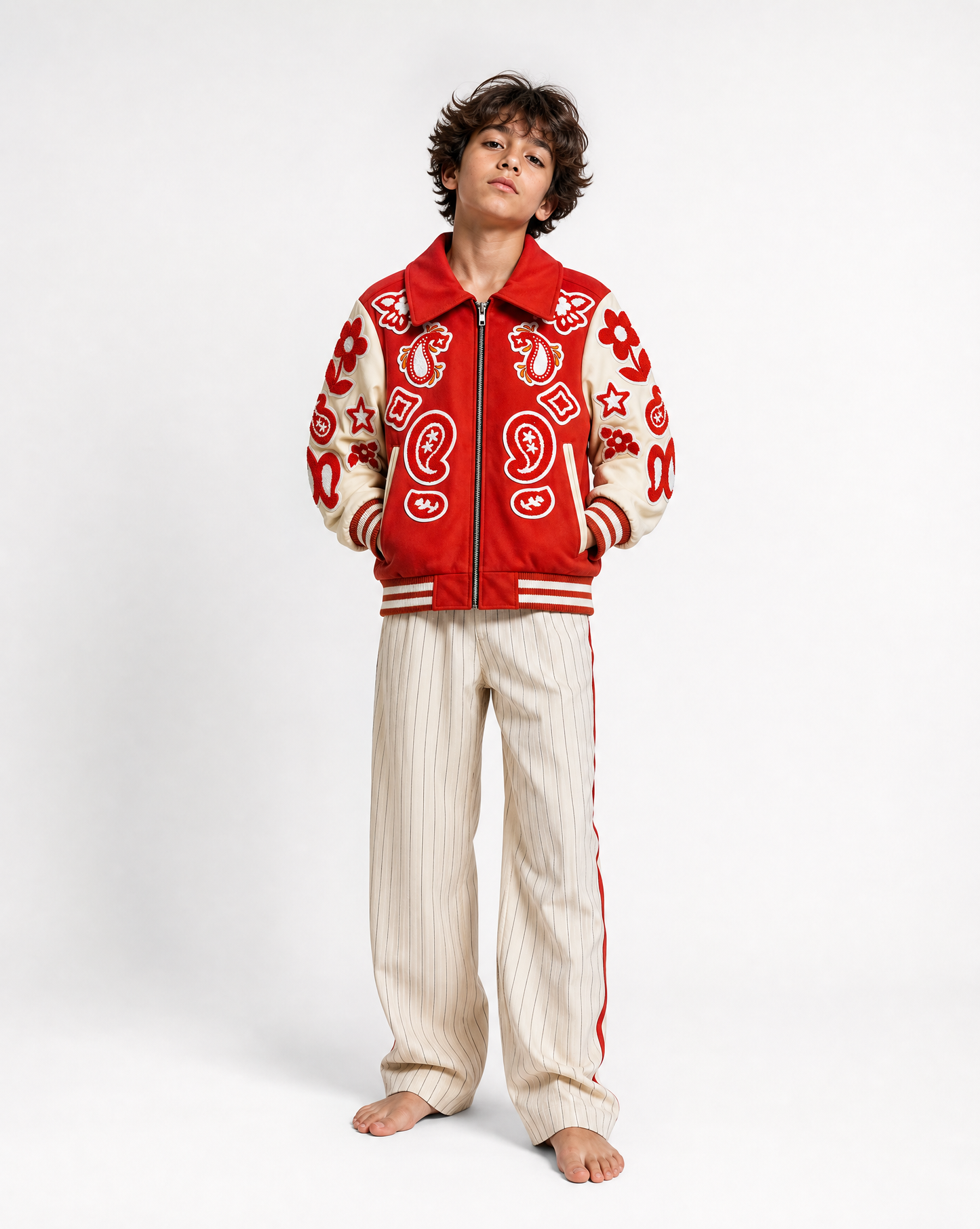 Wool and Leather Orange Bandana Zip Front Jacket
