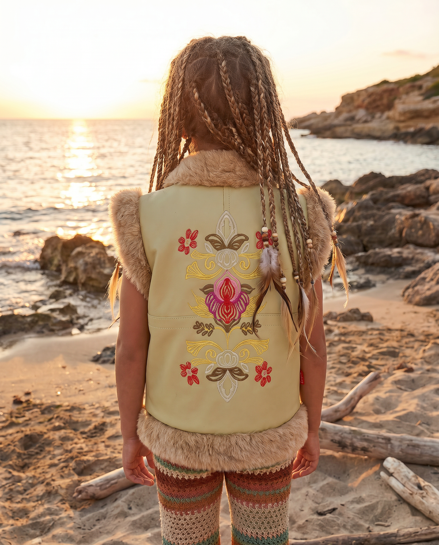 Boho Fur Nappa Leather Vest Sage