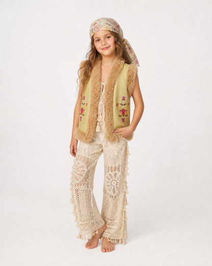 Boho Fur Nappa Leather Vest Sage