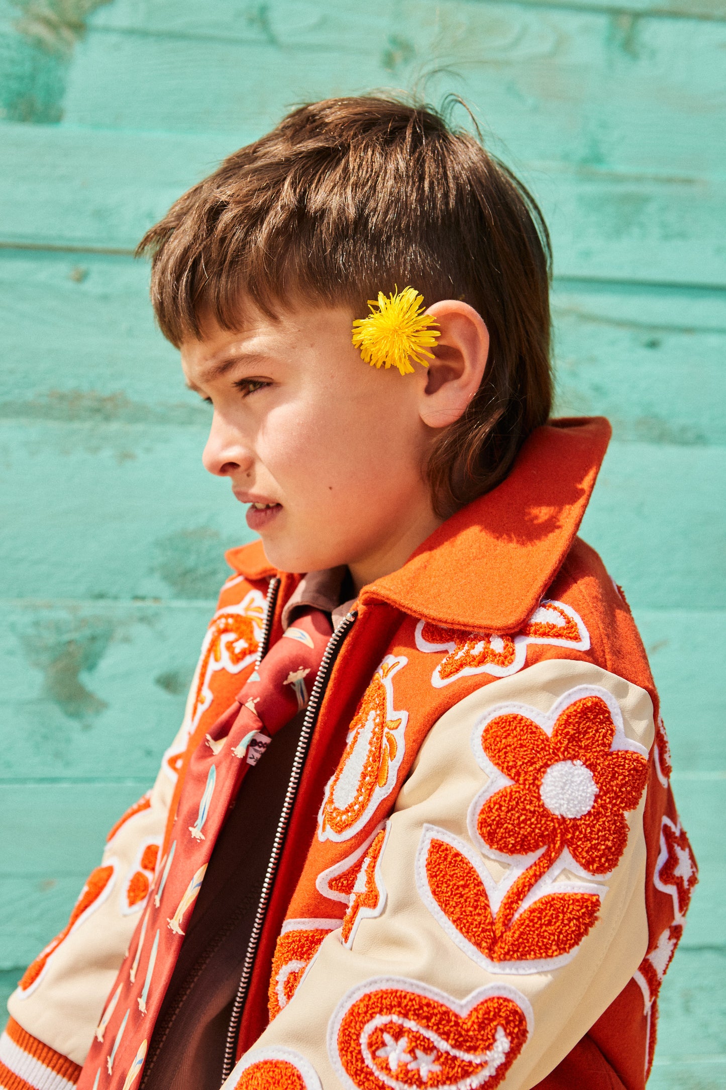 Wool and Leather Orange Bandana Zip Front Jacket