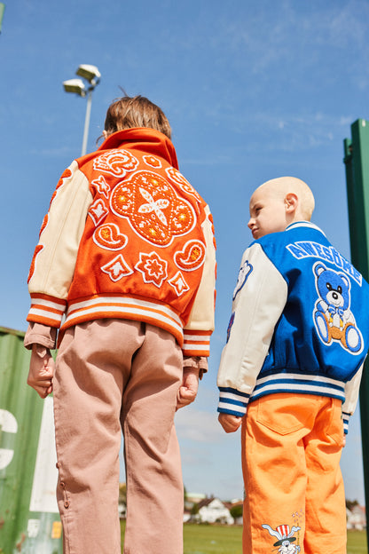 Wool and Leather Orange Bandana Zip Front Jacket