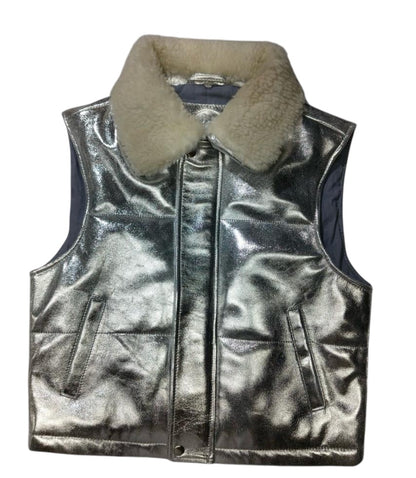 Moonlight Silver Leather Padded Zip Front Gilet