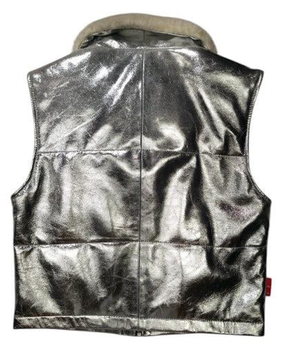 Moonlight Silver Leather Padded Zip Front Gilet