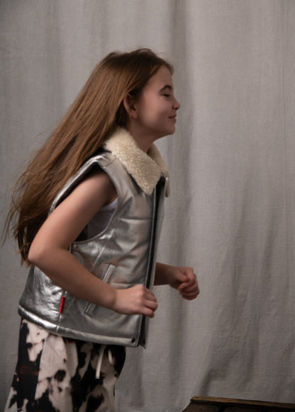 Moonlight Silver Leather Padded Zip Front Gilet