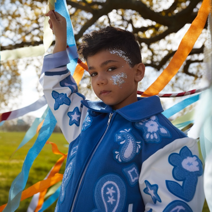 Wool and Leather Newark Blue Bandana Zip Front Jacket